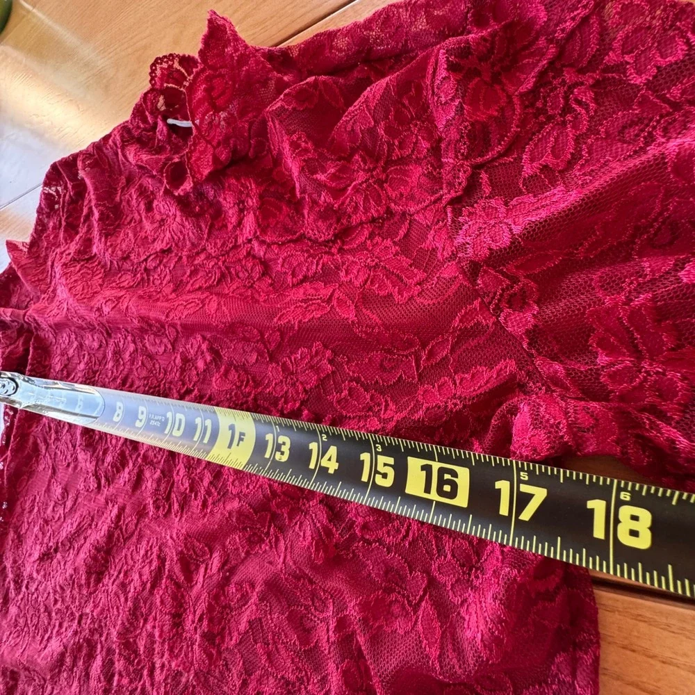 Red Floral Full Lace Long Sleeve Top Women Large Stretch Romantic Coquette Layer - Picture 7 of 9